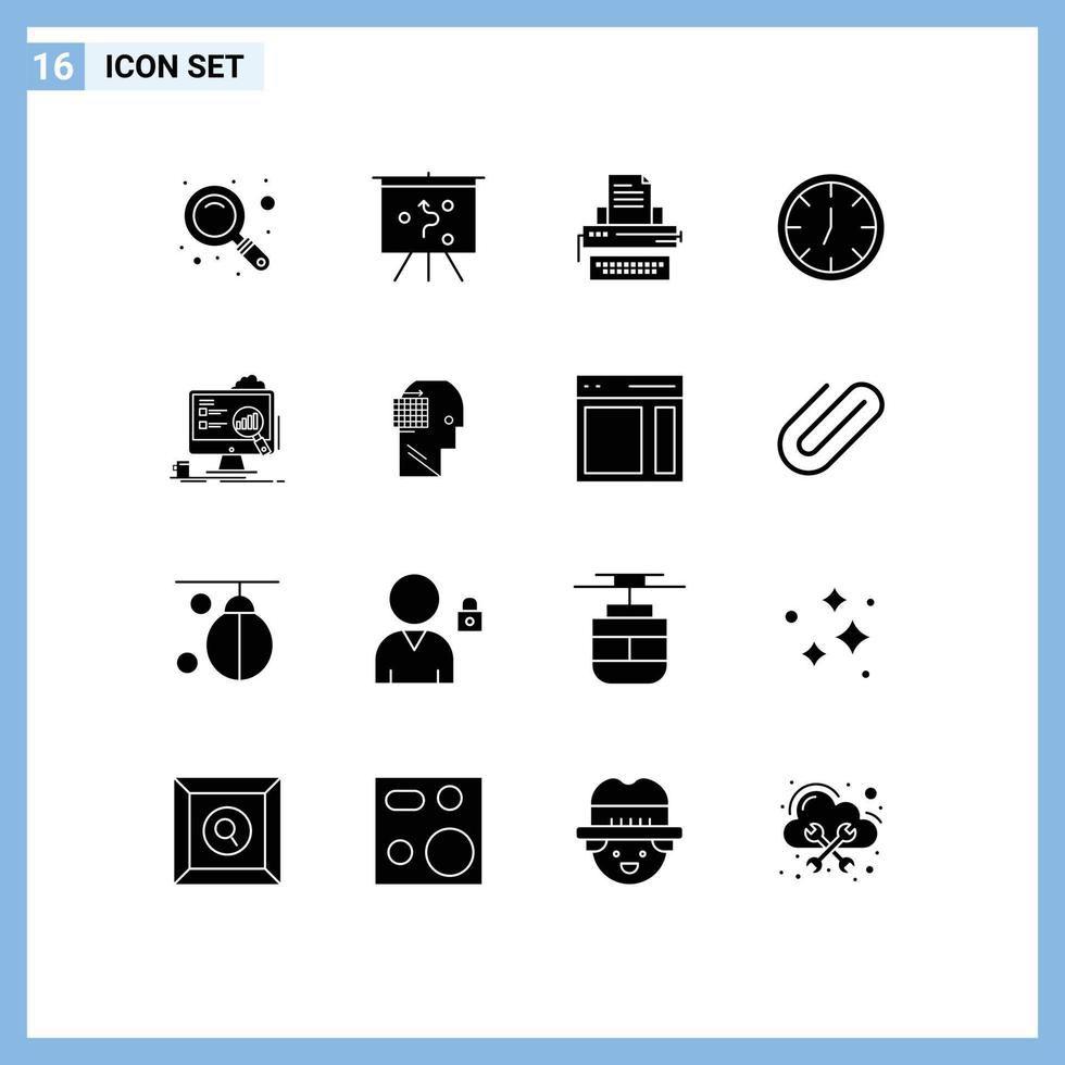 Pack of 16 Modern Solid Glyphs Signs and Symbols for Web Print Media such as laptop board type analytics interior Editable Vector Design Elements