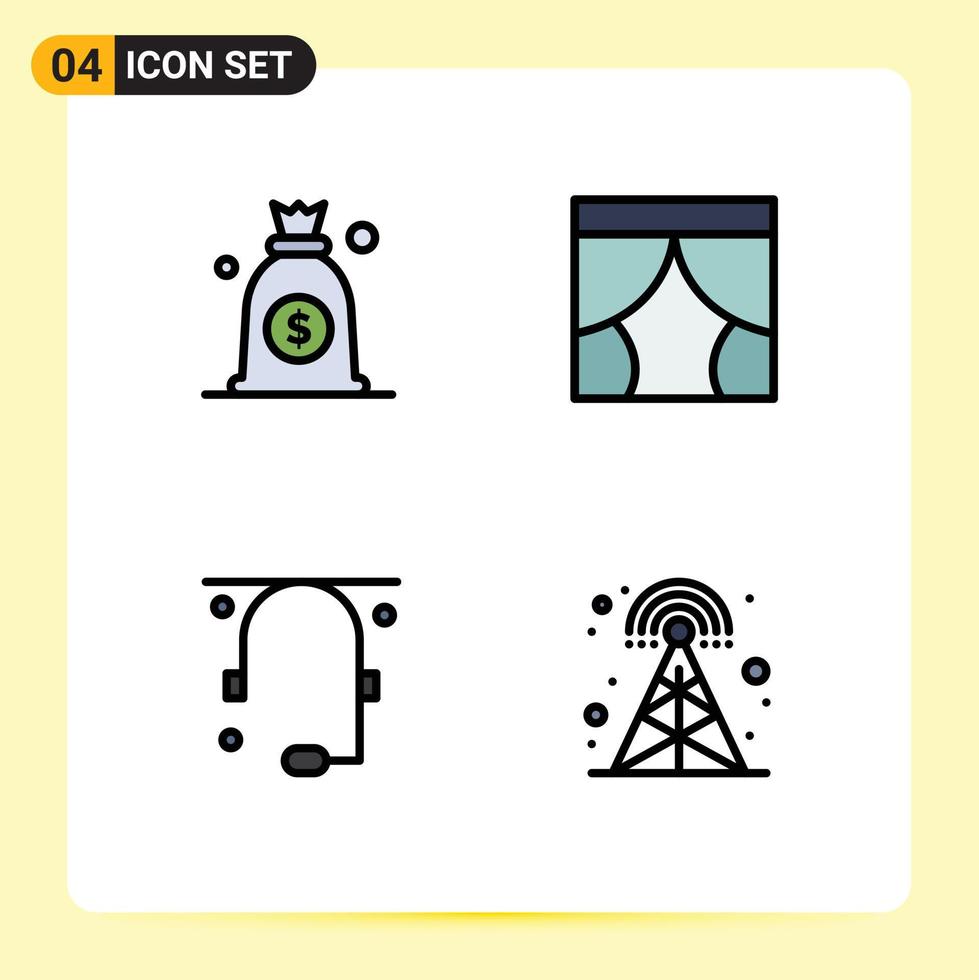 4 Universal Filledline Flat Color Signs Symbols of dollar conversation curtain theater support Editable Vector Design Elements