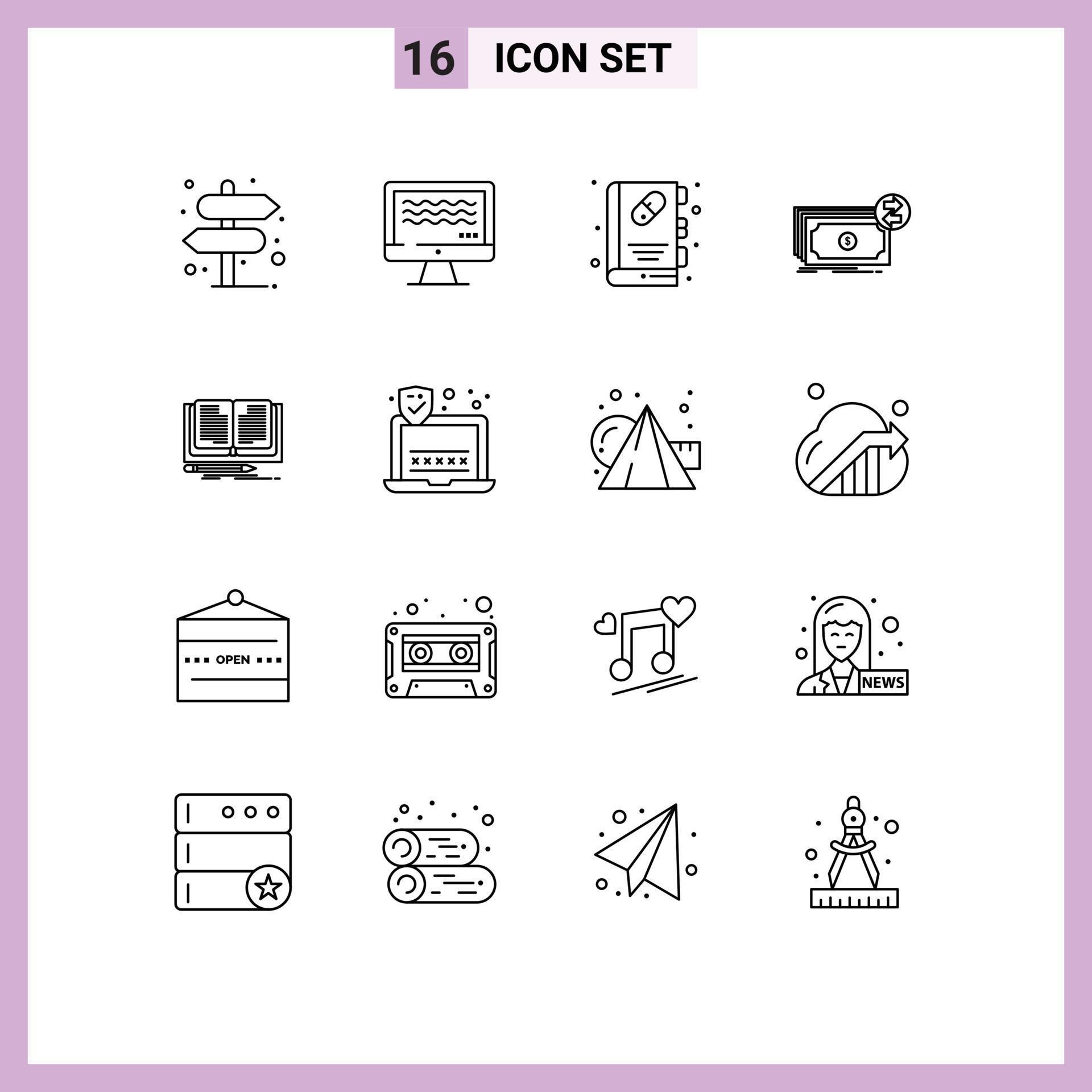 16 Creative Icons Modern Signs and Symbols of writing flow book dollars