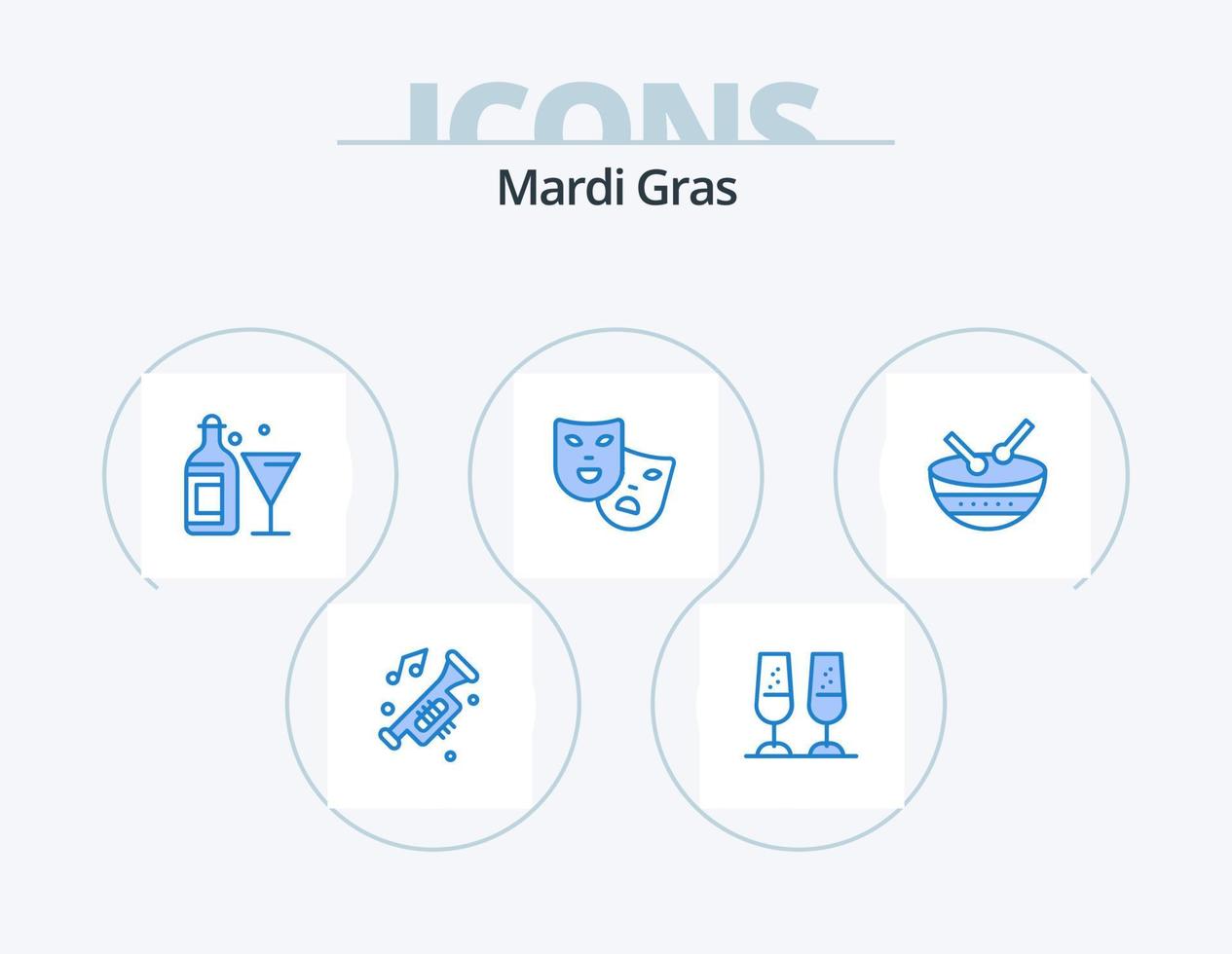 Mardi Gras Blue Icon Pack 5 Icon Design. drum. theater. toasting. roles. wine vector