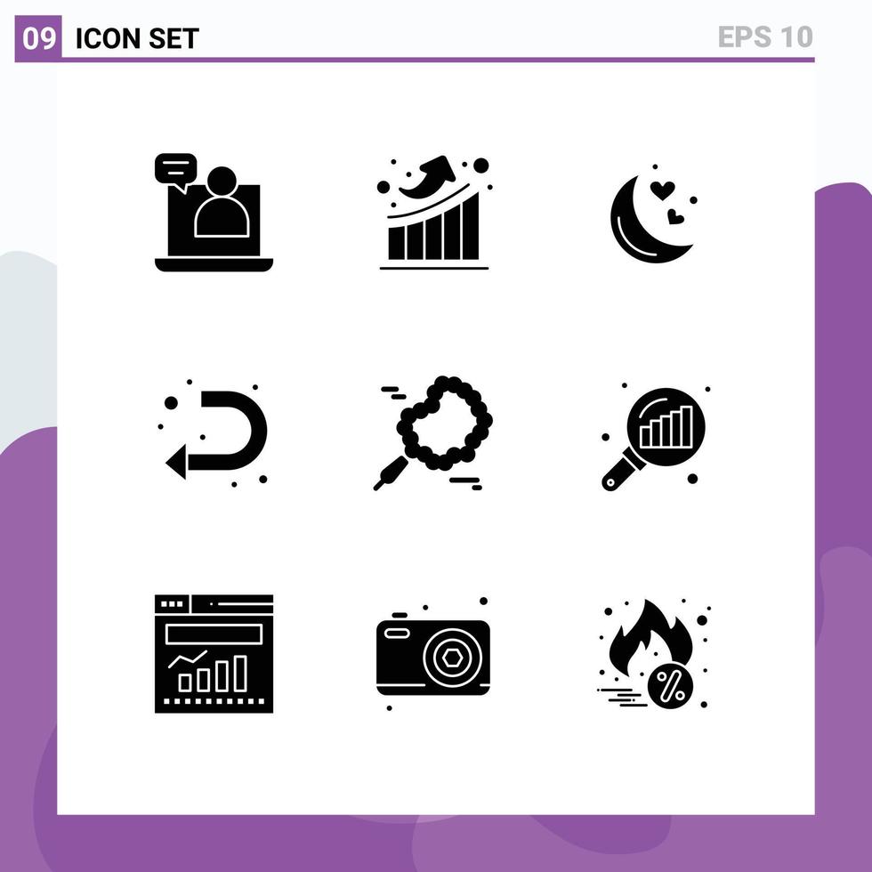 Set of 9 Vector Solid Glyphs on Grid for pray left moon u turn arrow Editable Vector Design Elements