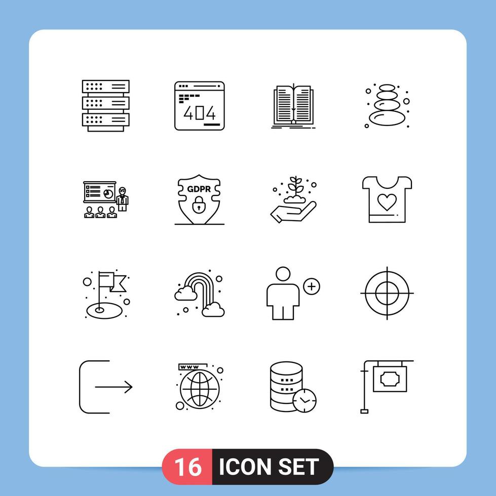 16 User Interface Outline Pack of modern Signs and Symbols of analytics stone website lotus book Editable Vector Design Elements