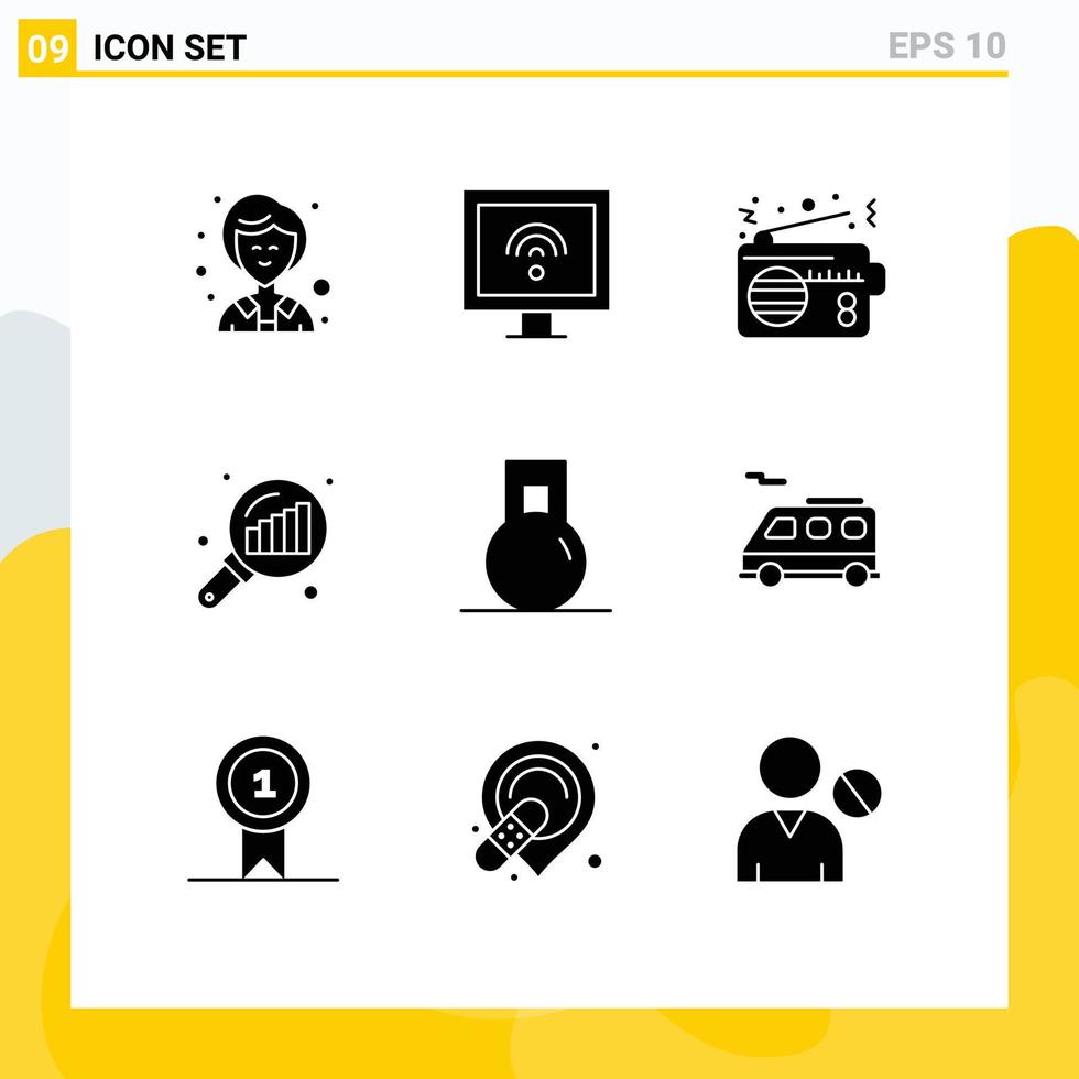 Pictogram Set of 9 Simple Solid Glyphs of gym search stats communication graph magnifying data analyzing Editable Vector Design Elements