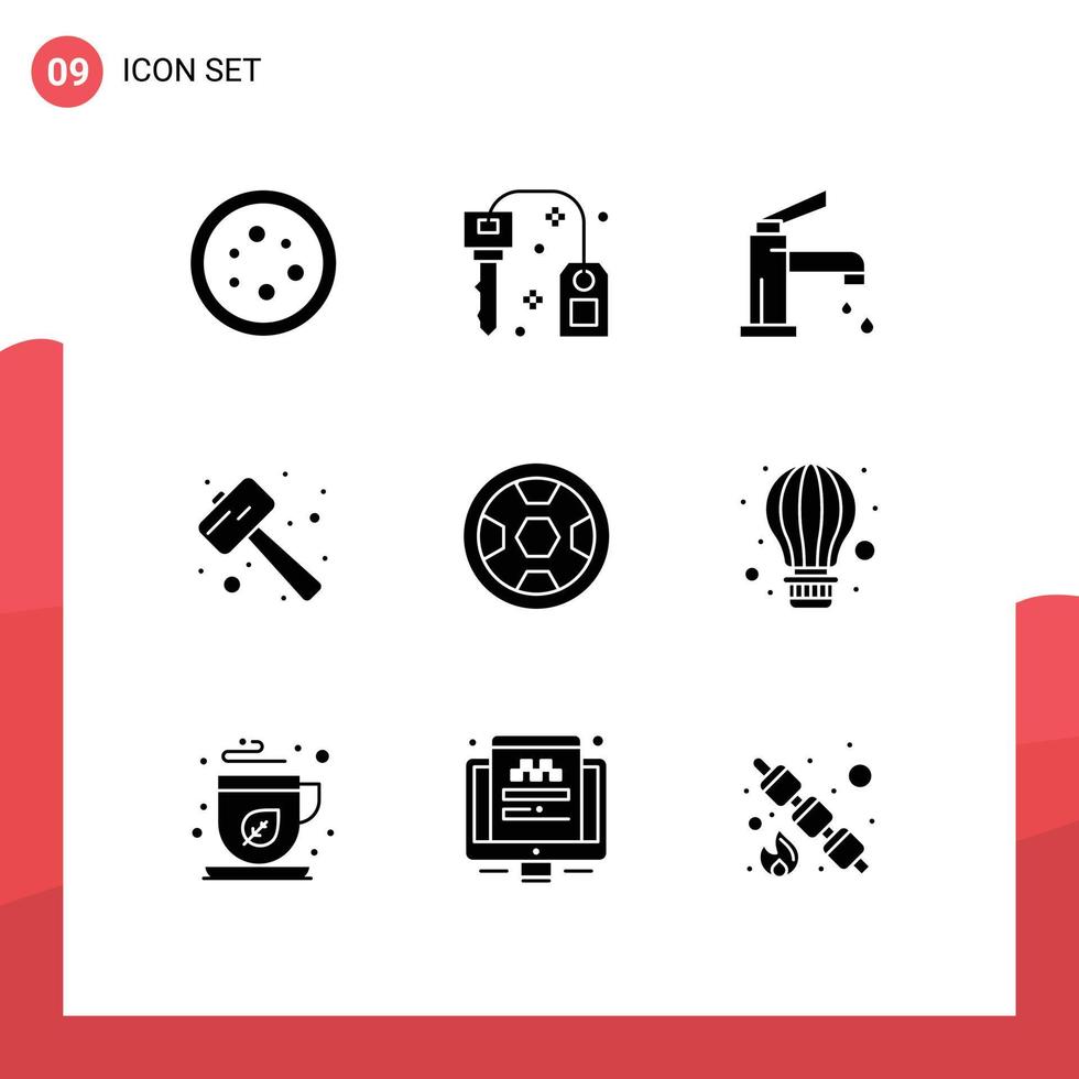 Modern Set of 9 Solid Glyphs Pictograph of smash mallet success knock faucet Editable Vector Design Elements