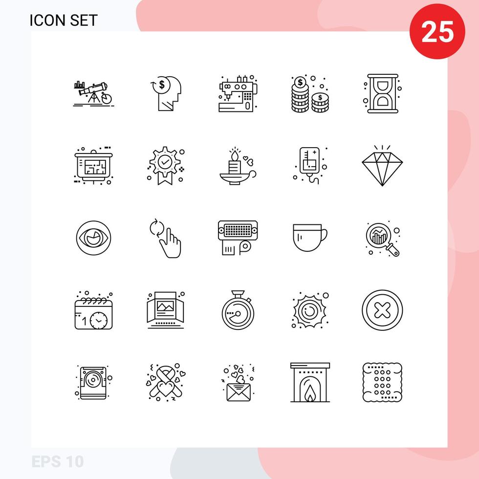 Universal Icon Symbols Group of 25 Modern Lines of money tailoring employee sewing machine Editable Vector Design Elements