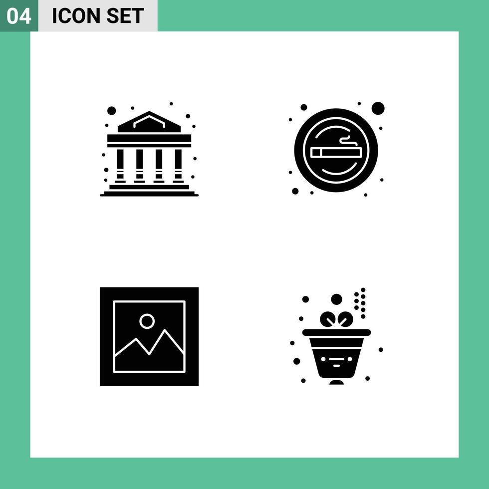 Mobile Interface Solid Glyph Set of 4 Pictograms of bank money cigarette smoke gallery Editable Vector Design Elements