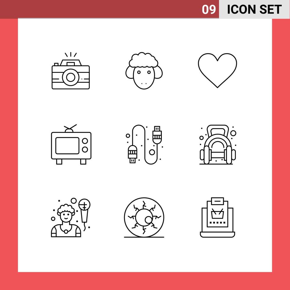 Editable Vector Line Pack of 9 Simple Outlines of usb cable heart media tv Editable Vector Design Elements