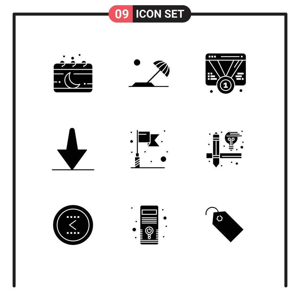 Universal Icon Symbols Group of 9 Modern Solid Glyphs of flag bottom sun arrow web Editable Vector Design Elements