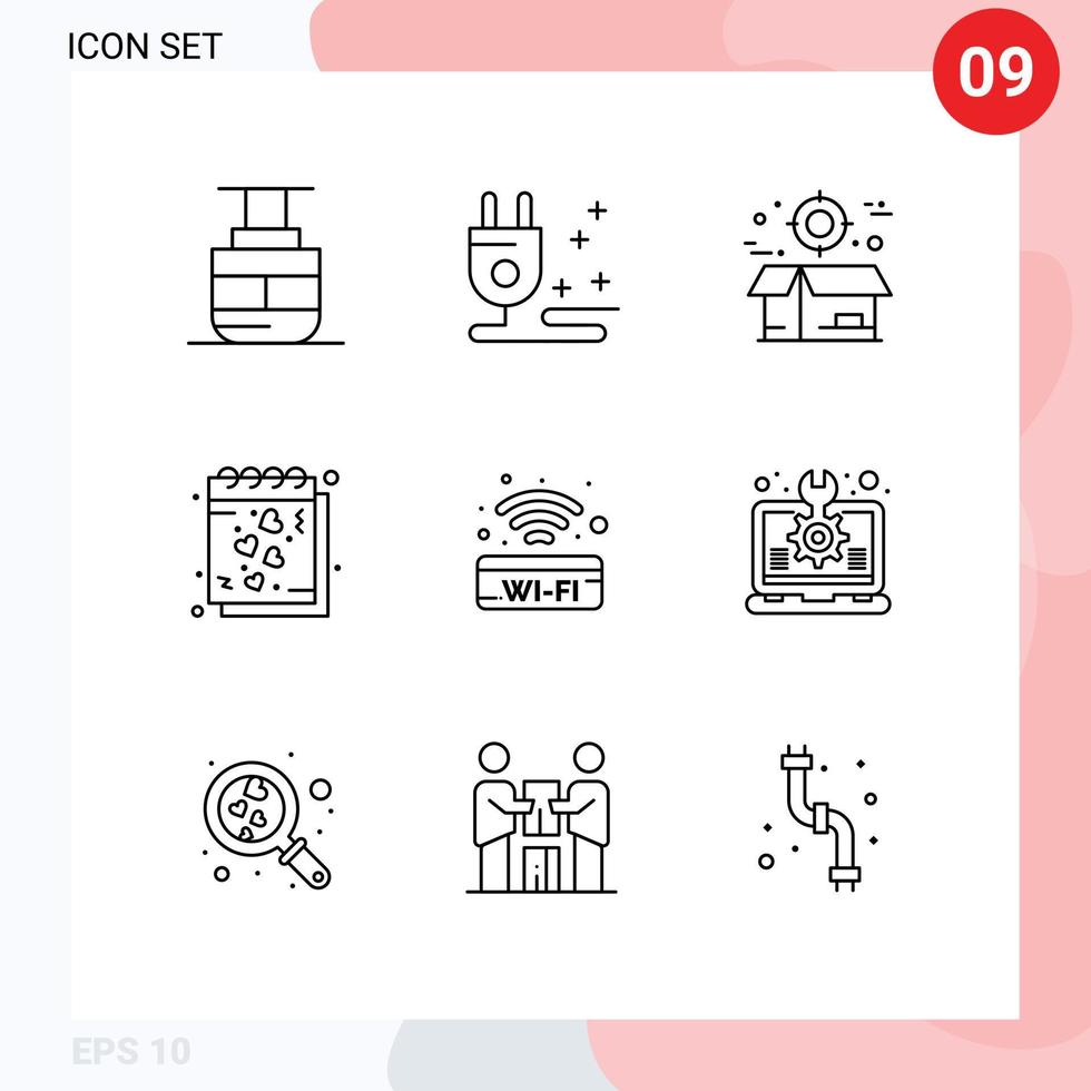 Editable Vector Line Pack of 9 Simple Outlines of public sign notes boxes love date Editable Vector Design Elements