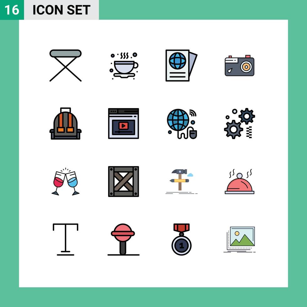 Pack of 16 Modern Flat Color Filled Lines Signs and Symbols for Web Print Media such as camping backpack document photo image Editable Creative Vector Design Elements