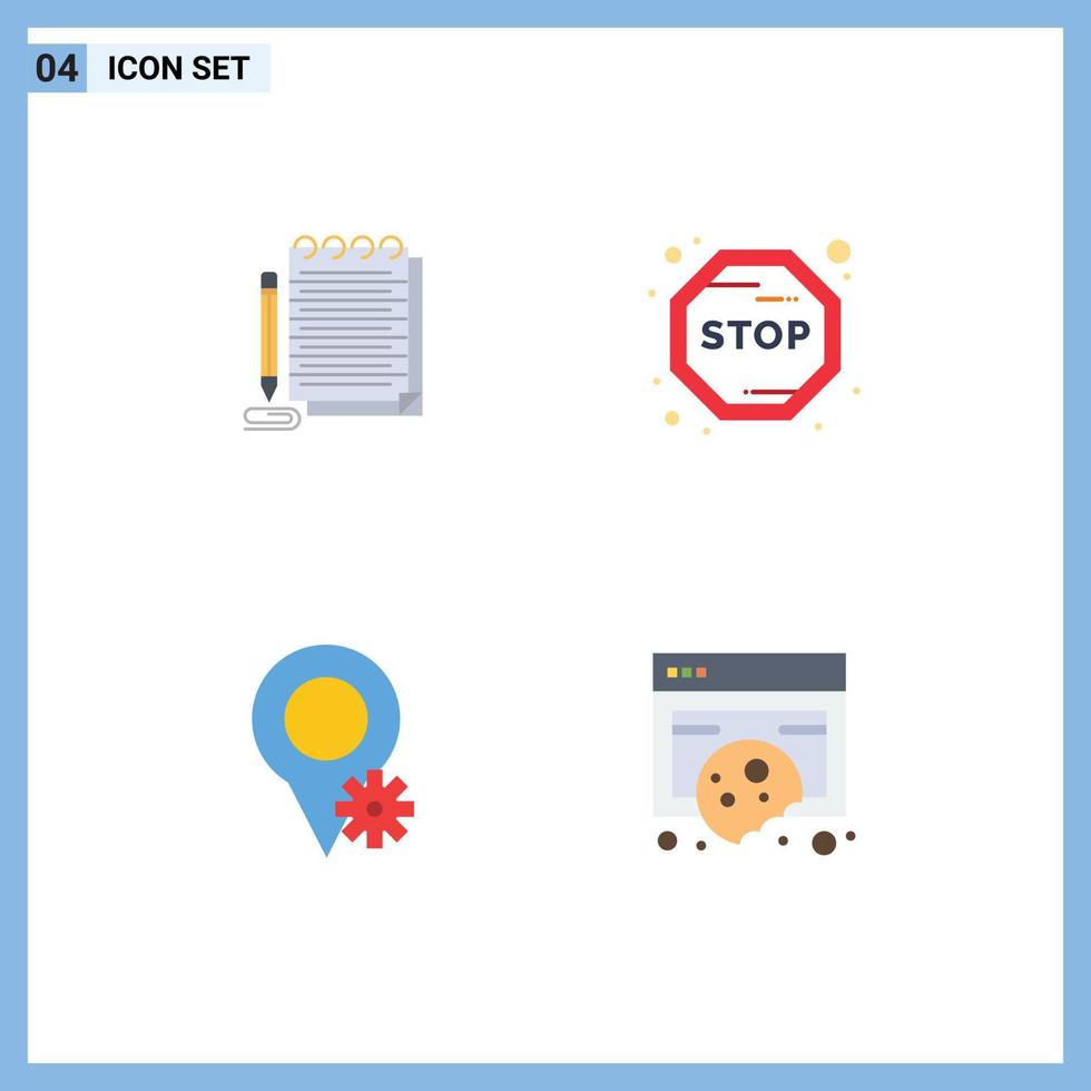 Universal Icon Symbols Group of 4 Modern Flat Icons of notepad settings novel stop cookies Editable Vector Design Elements