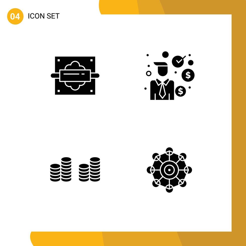 Pack of 4 Modern Solid Glyphs Signs and Symbols for Web Print Media such as rolling coins kitchen investor learning Editable Vector Design Elements