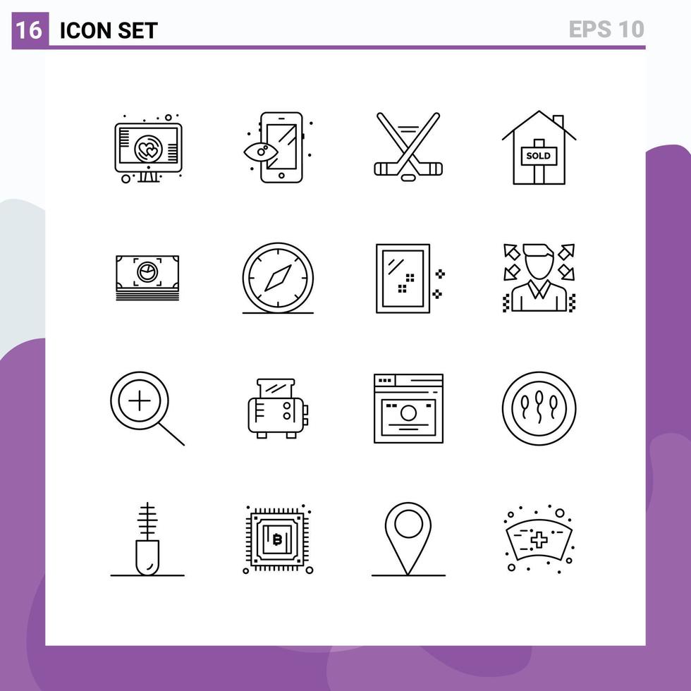 Set of 16 Vector Outlines on Grid for dollar bundle ice sport money property Editable Vector Design Elements