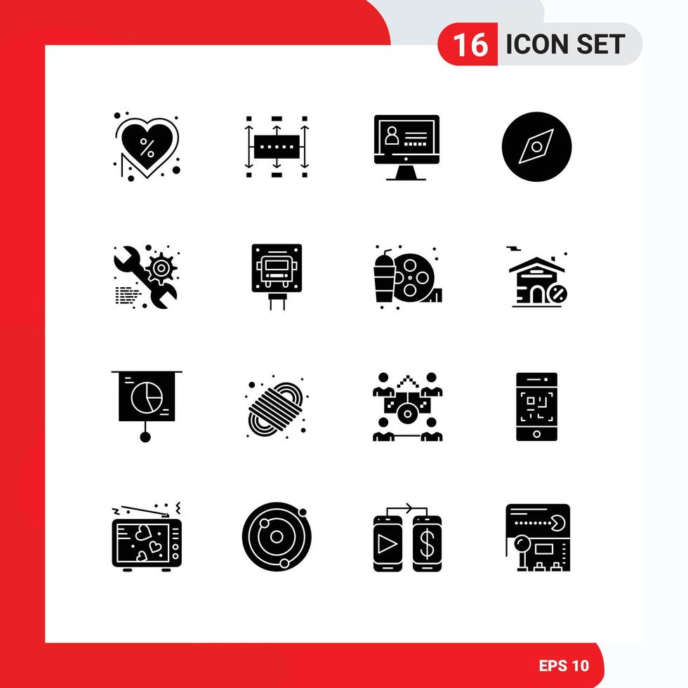 Set of 16 Commercial Solid Glyphs pack for setting navigation modern map security Editable Vector Design Elements