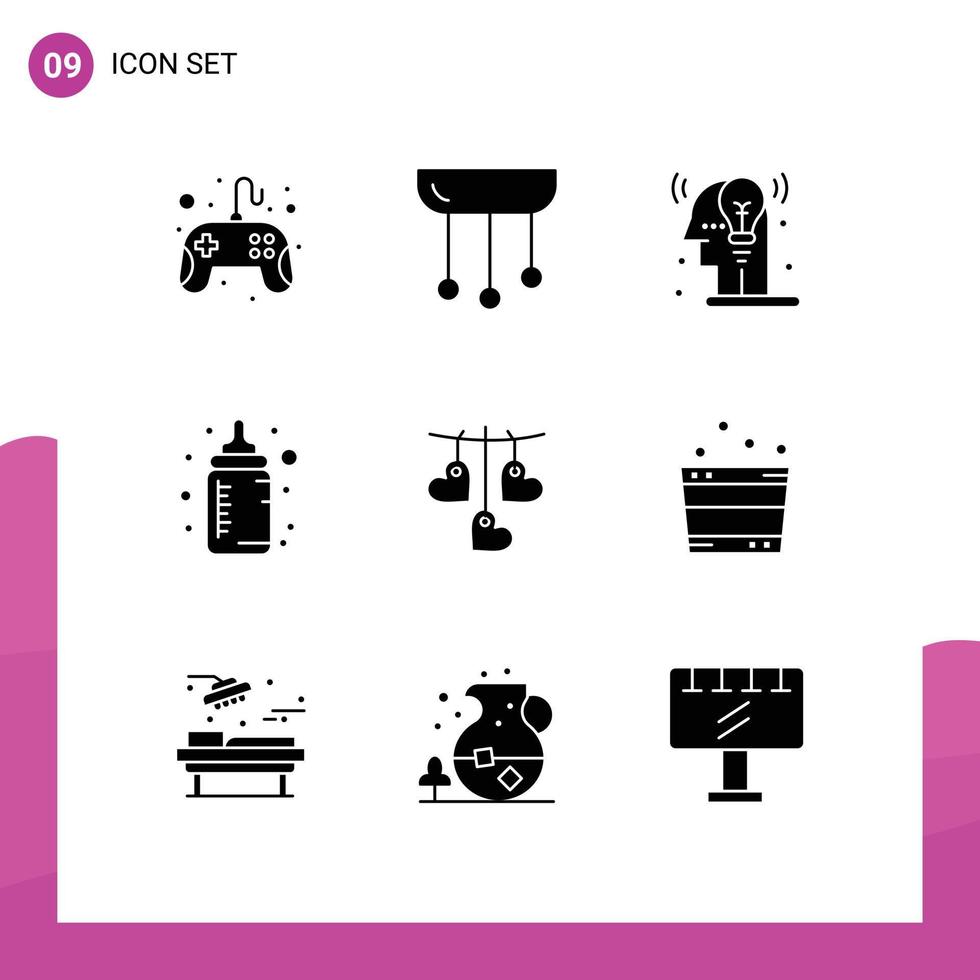 Mobile Interface Solid Glyph Set of 9 Pictograms of heart nipple light feeder idea Editable Vector Design Elements