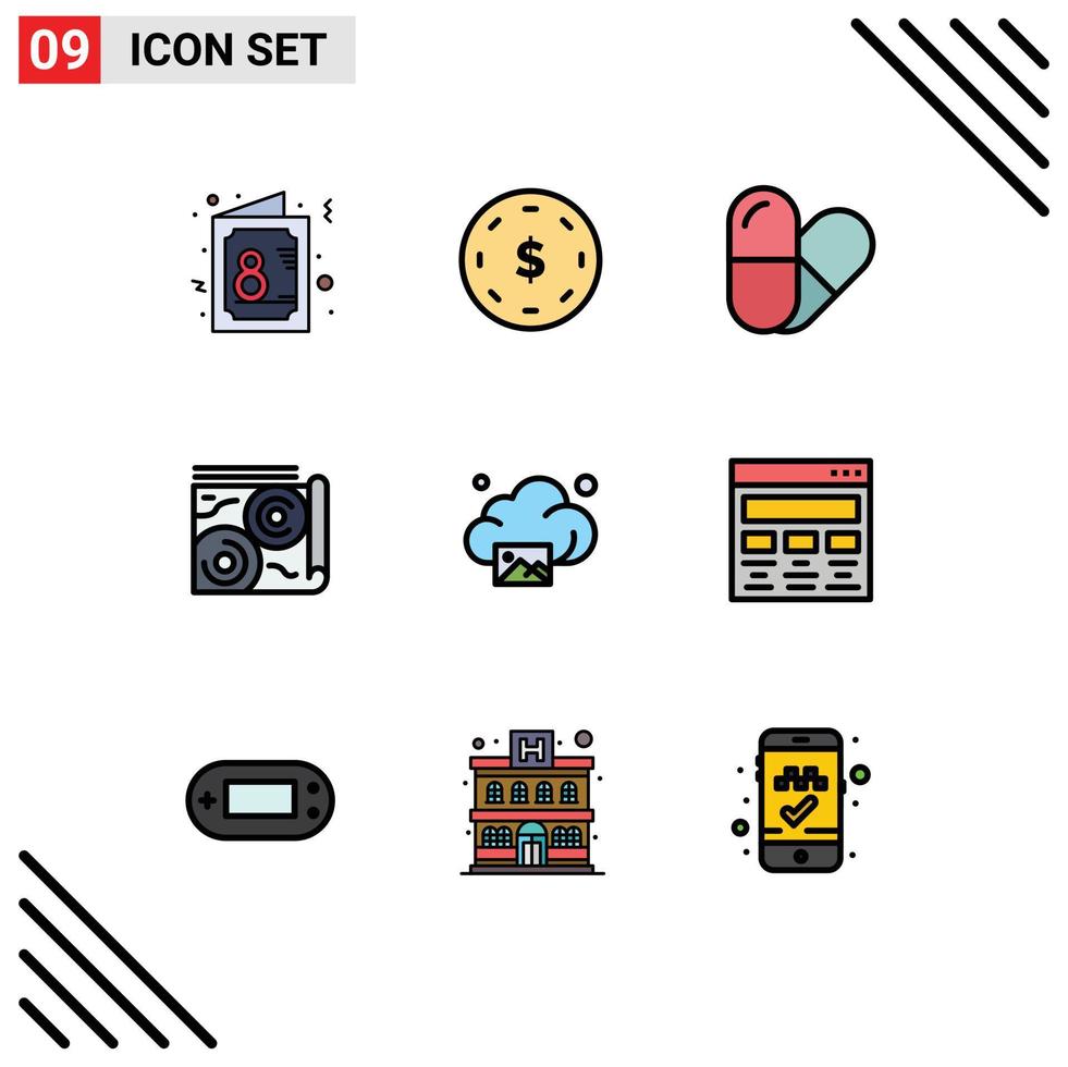 Universal Icon Symbols Group of 9 Modern Filledline Flat Colors of image cloud yen travel book Editable Vector Design Elements