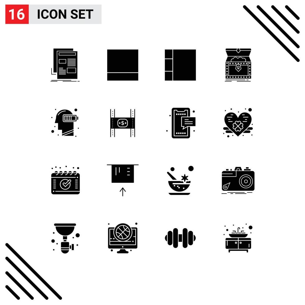 Solid Glyph Pack of 16 Universal Symbols of budget mental chest low battery Editable Vector Design Elements