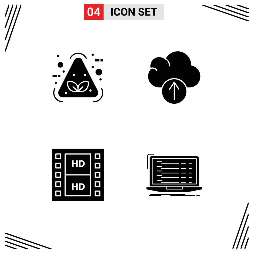 Pack of 4 creative Solid Glyphs of eco movie recycle upload api Editable Vector Design Elements