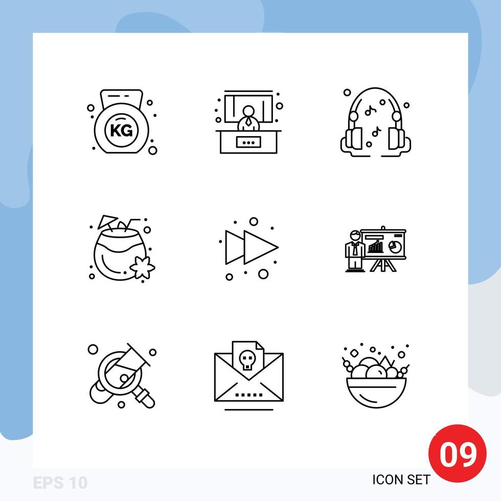 Pictogram Set of 9 Simple Outlines of office right sound forward summer Editable Vector Design Elements