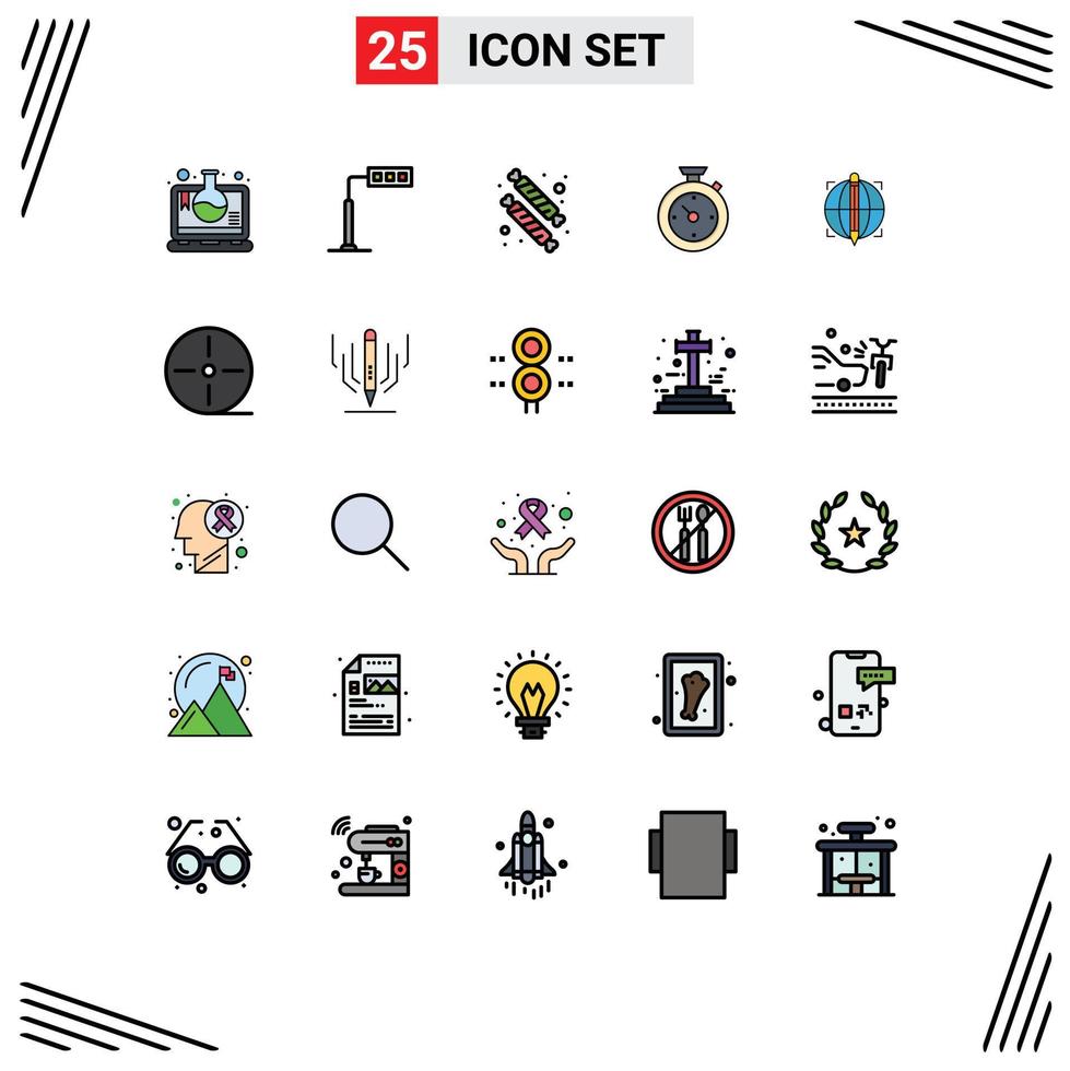 25 Thematic Vector Filled line Flat Colors and Editable Symbols of target hotel candies time compass Editable Vector Design Elements