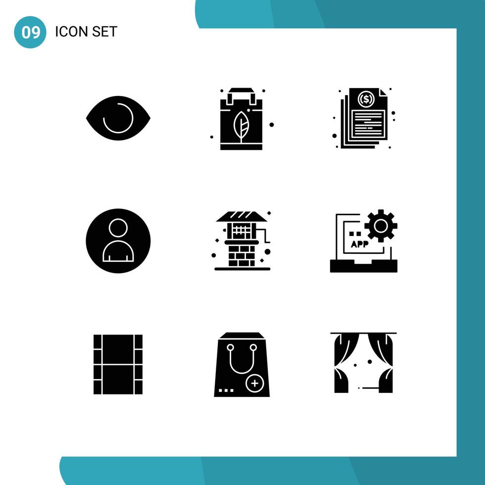 Group of 9 Modern Solid Glyphs Set for agriculture people bill marketing report Editable Vector Design Elements