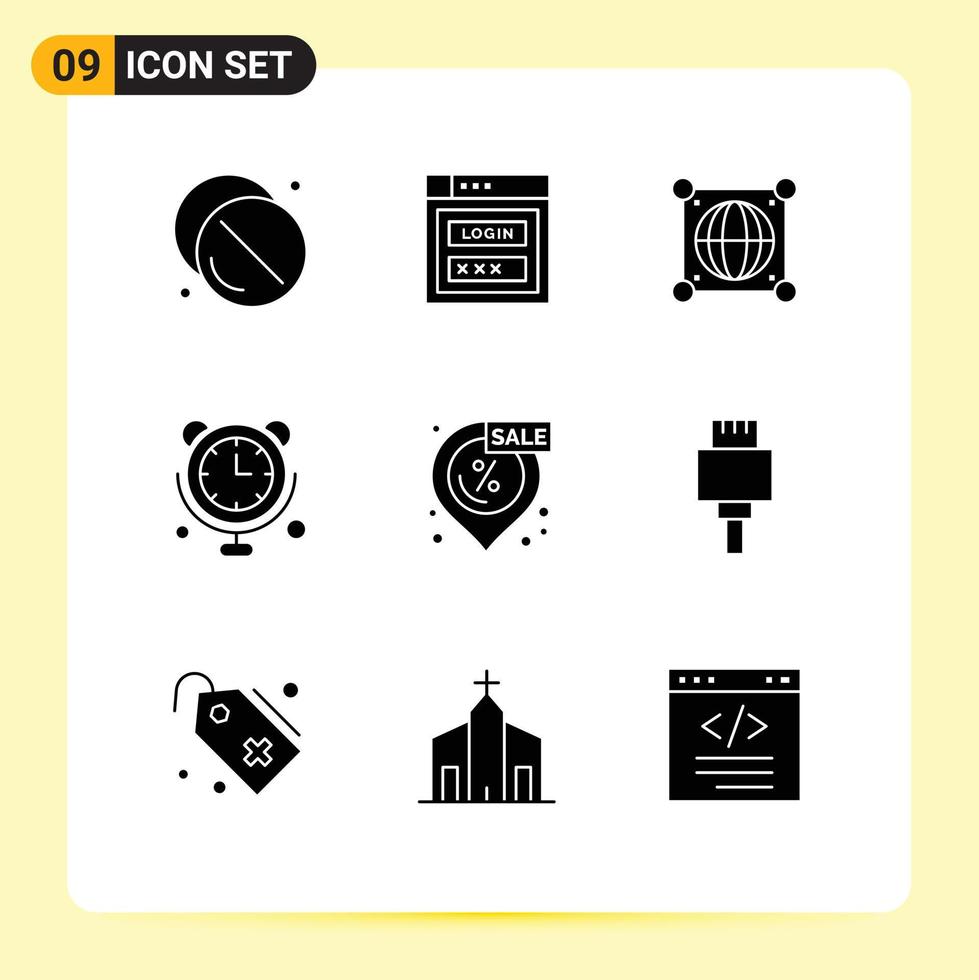 Universal Icon Symbols Group of 9 Modern Solid Glyphs of discount connections web security communications scince Editable Vector Design Elements