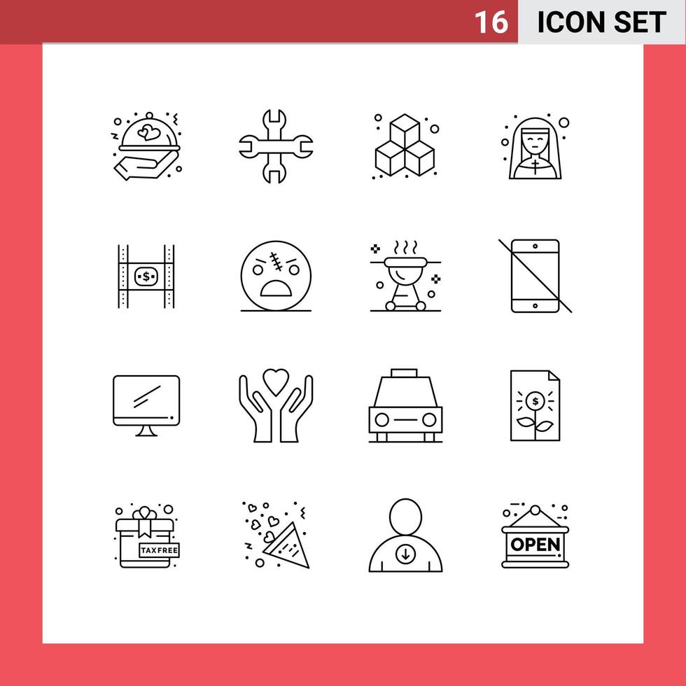Group of 16 Outlines Signs and Symbols for money costs cube budget nun Editable Vector Design Elements