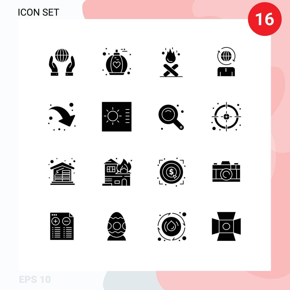 16 User Interface Solid Glyph Pack of modern Signs and Symbols of down right arrow campfire modern global Editable Vector Design Elements