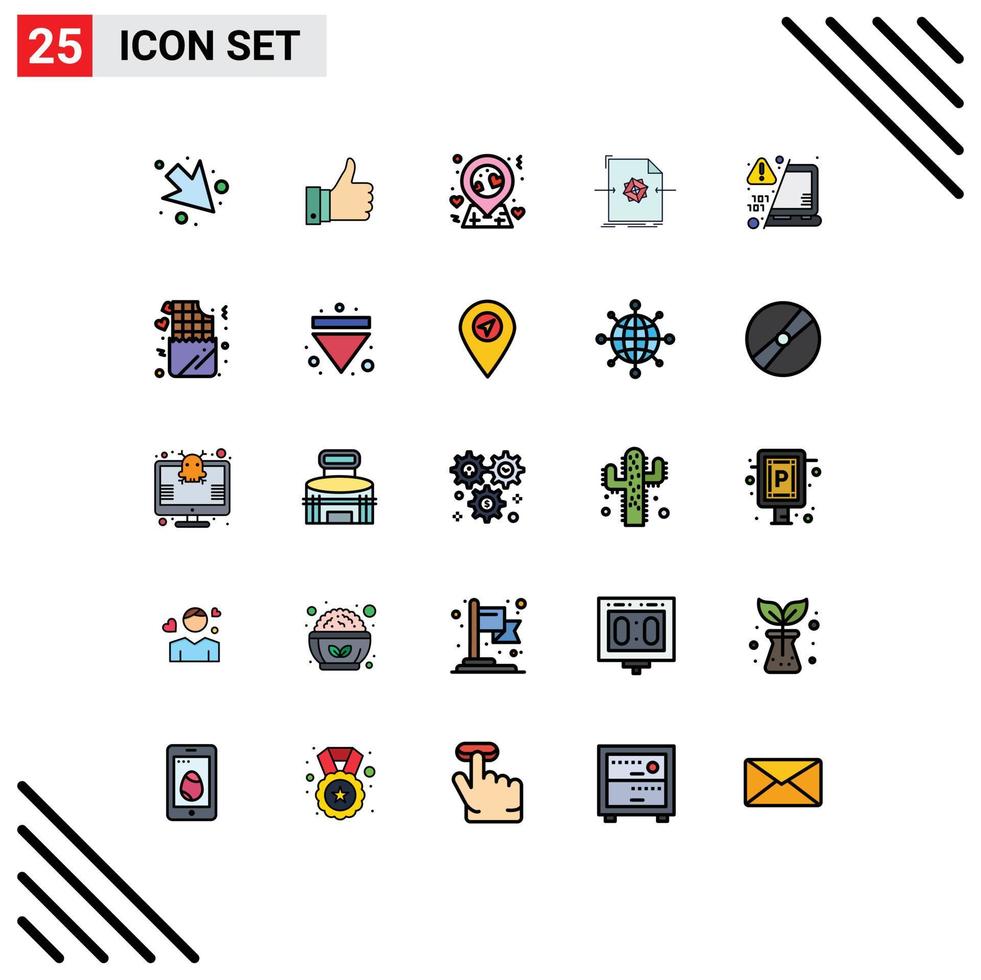 Group of 25 Filled line Flat Colors Signs and Symbols for warn laptop love decode object Editable Vector Design Elements