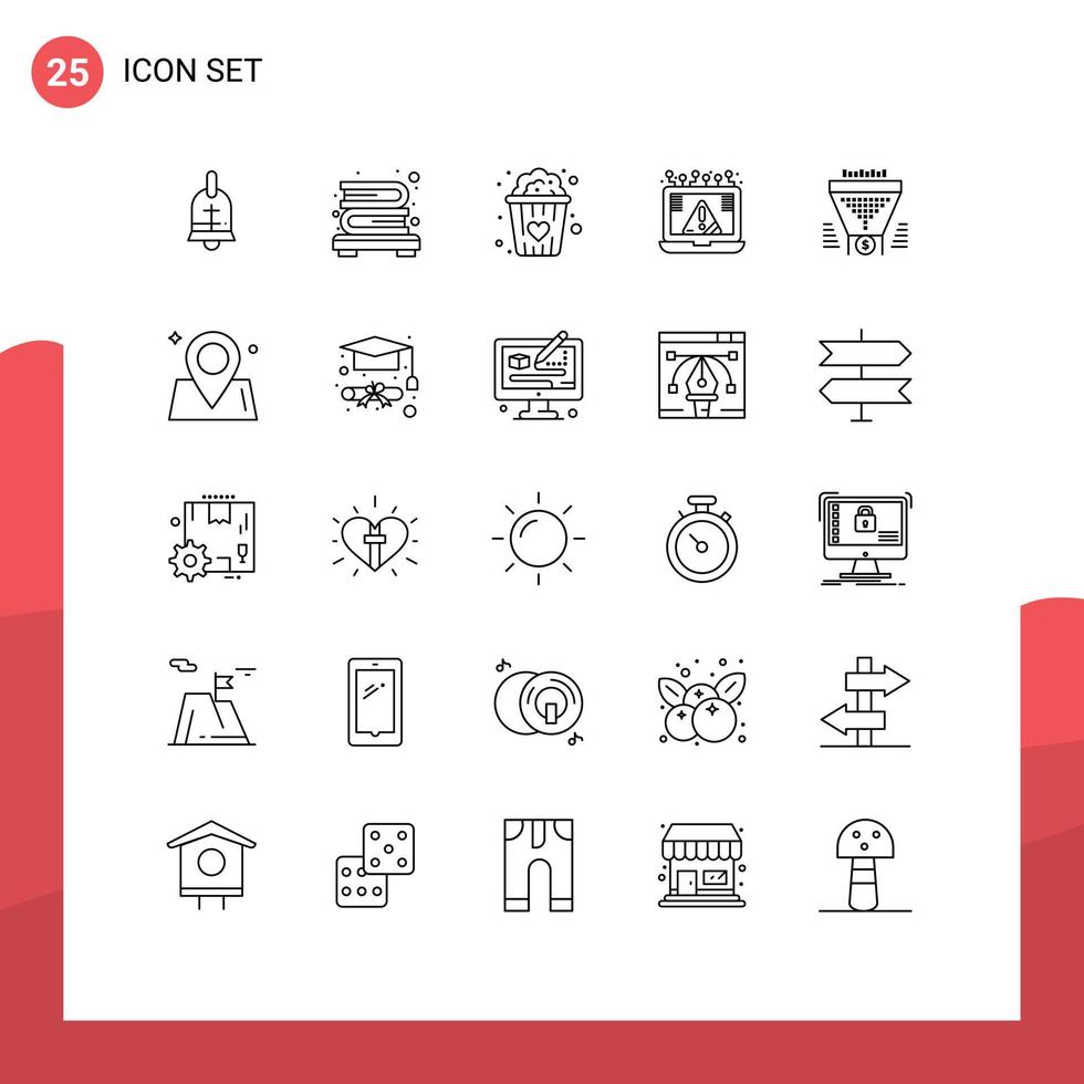 Universal Icon Symbols Group of 25 Modern Lines of funnel filter popcorn security cyber Editable Vector Design Elements