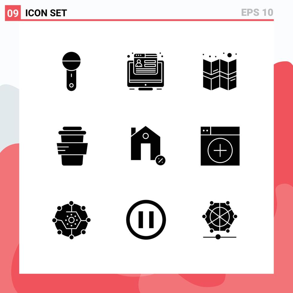 Group of 9 Modern Solid Glyphs Set for estate buildings web drink glass Editable Vector Design Elements