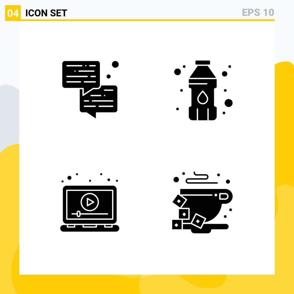 Group of 4 Solid Glyphs Signs and Symbols for bubble marketing printer plastic container video Editable Vector Design Elements
