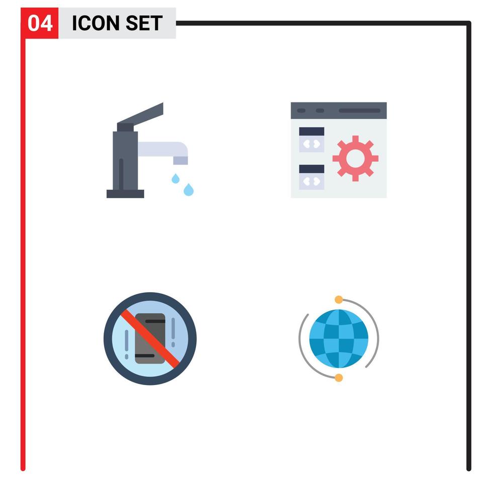 4 Universal Flat Icon Signs Symbols of bath management faucet coding distractions Editable Vector Design Elements