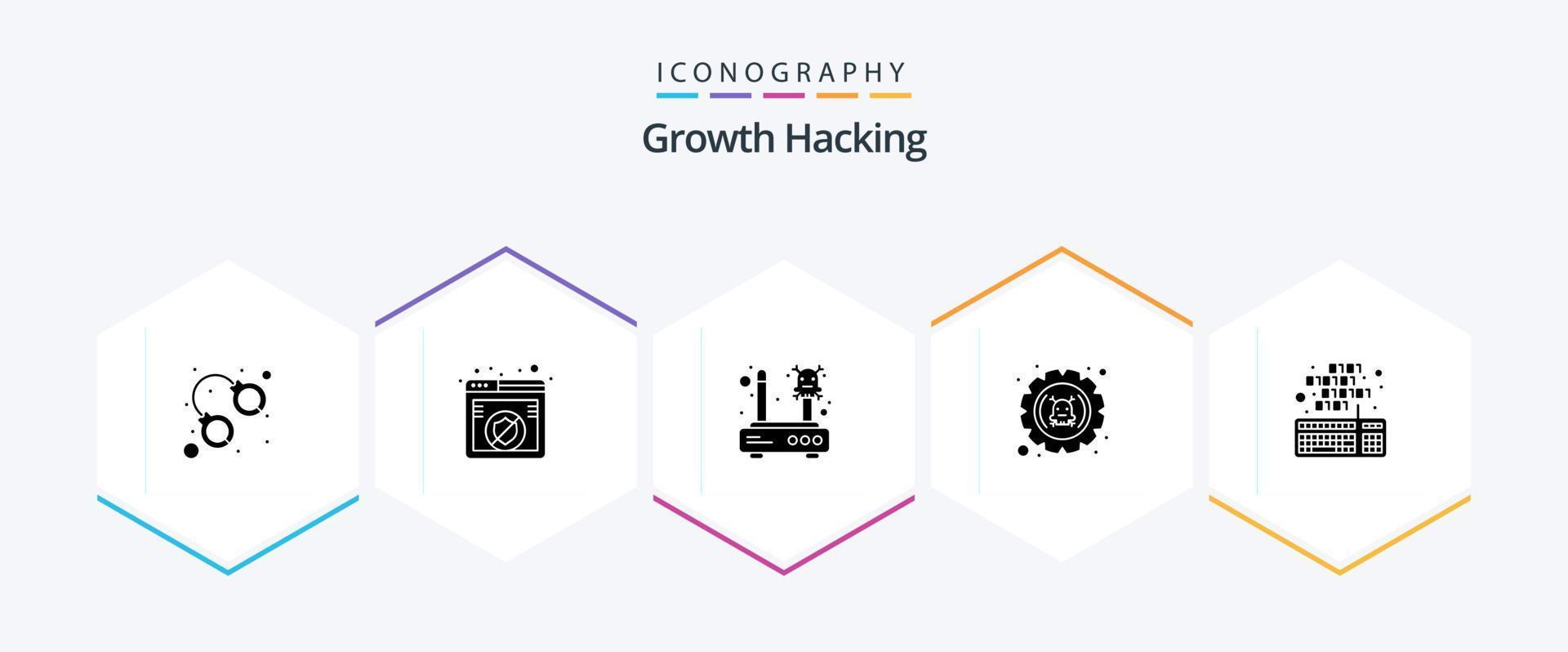 Hacking 25 Glyph icon pack including settings. error. error. defect. router vector