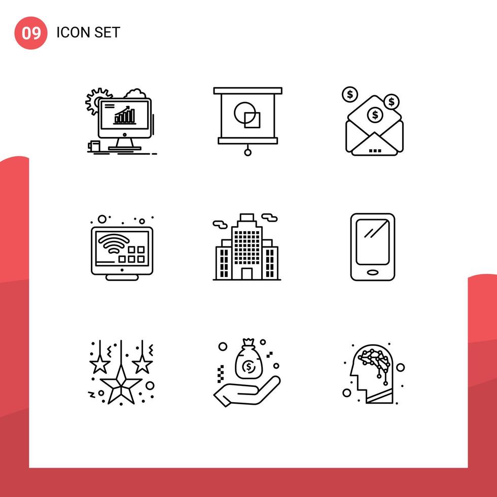 Pack of 9 Modern Outlines Signs and Symbols for Web Print Media such as building smart school internet message Editable Vector Design Elements