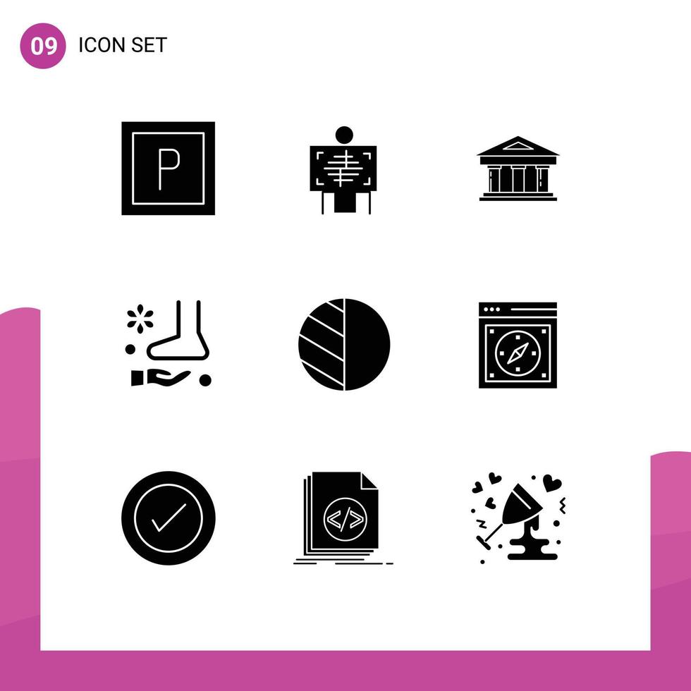 Pack of 9 Modern Solid Glyphs Signs and Symbols for Web Print Media such as photo therapy finance spa massage Editable Vector Design Elements