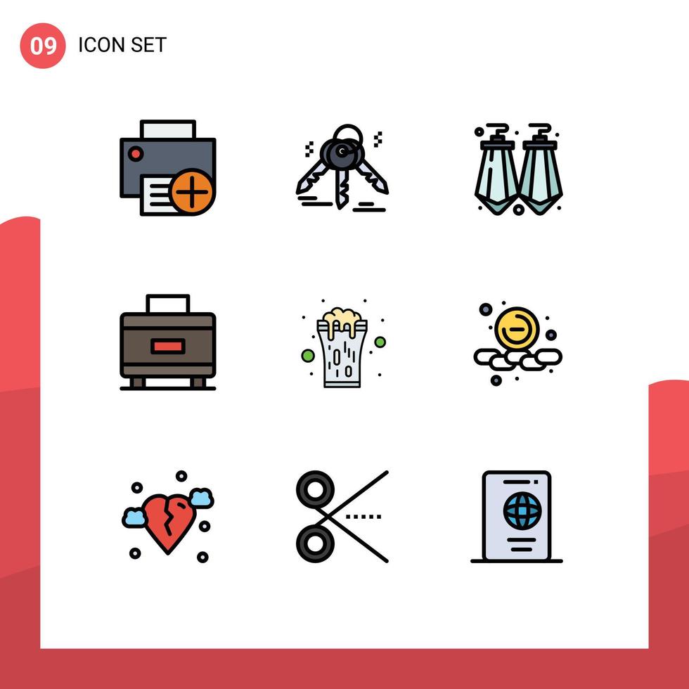 Modern Set of 9 Filledline Flat Colors and symbols such as cheers glass earrings wine suitcase Editable Vector Design Elements