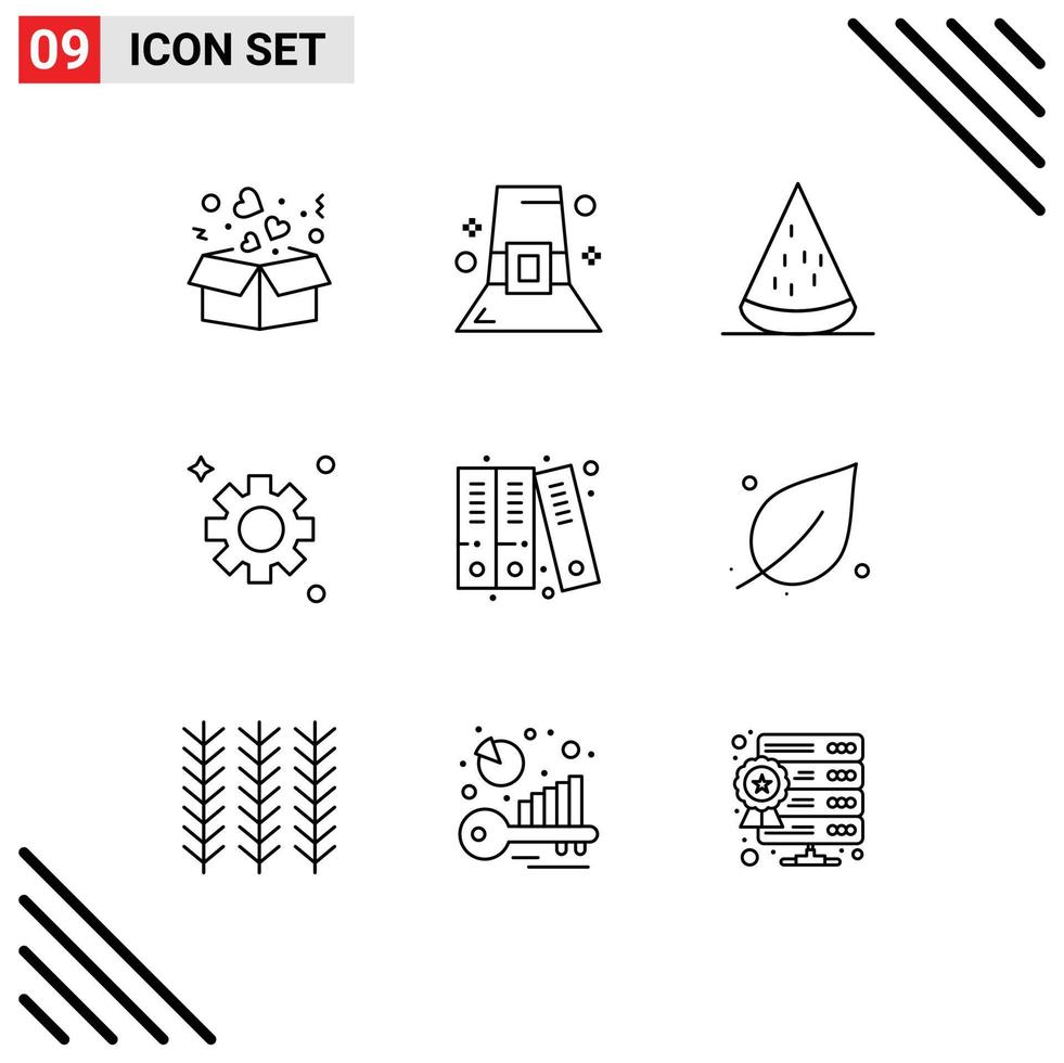 Pack of 9 Modern Outlines Signs and Symbols for Web Print Media such as files cogs dessert setting healthy Editable Vector Design Elements