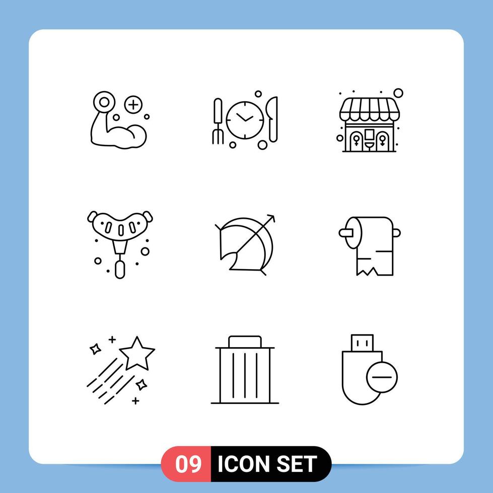 User Interface Pack of 9 Basic Outlines of point arrow toilet archery grill Editable Vector Design Elements