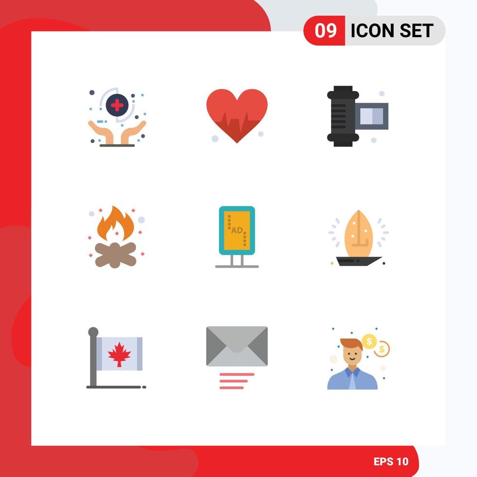 Modern Set of 9 Flat Colors and symbols such as branding fire ancient camera roll campfire bonfire Editable Vector Design Elements