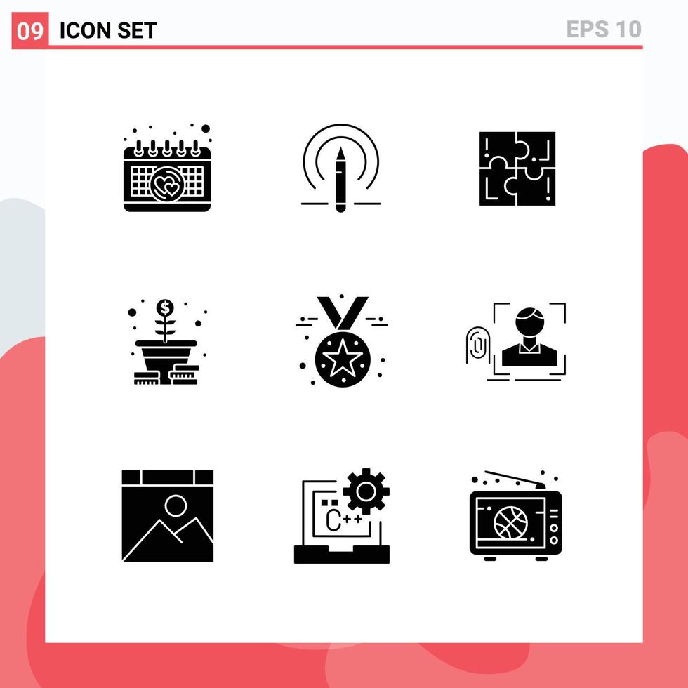 Mobile Interface Solid Glyph Set of 9 Pictograms of badge coins game tree growth Editable Vector Design Elements