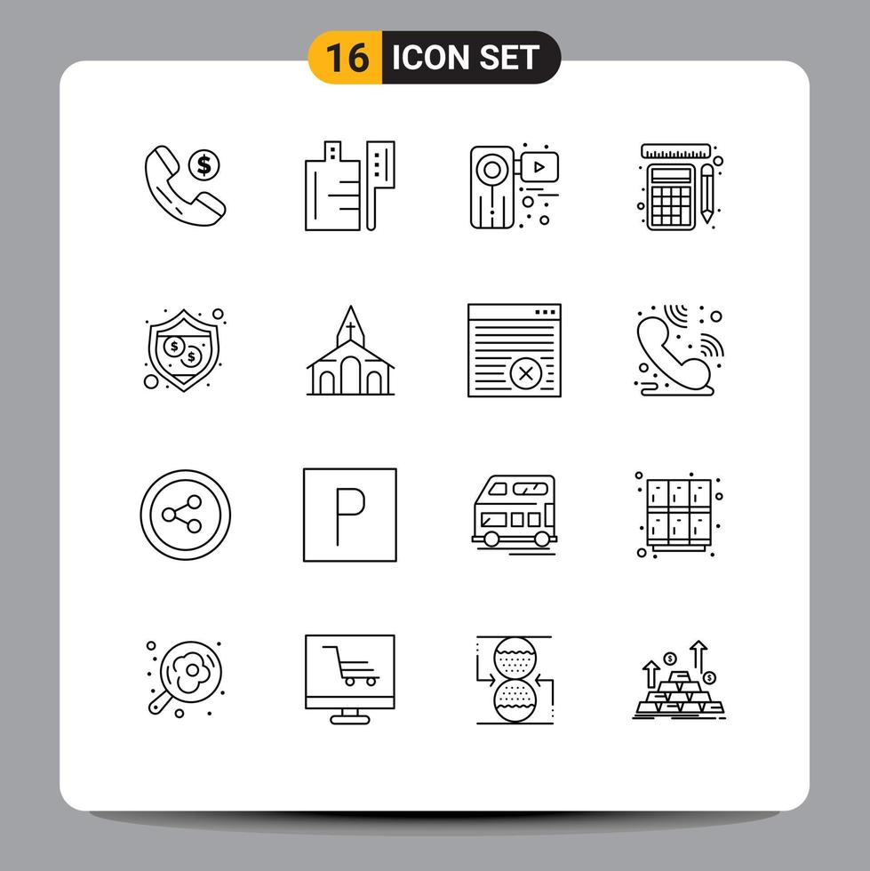 Outline Pack of 16 Universal Symbols of shield protection video calculation tools Editable Vector Design Elements