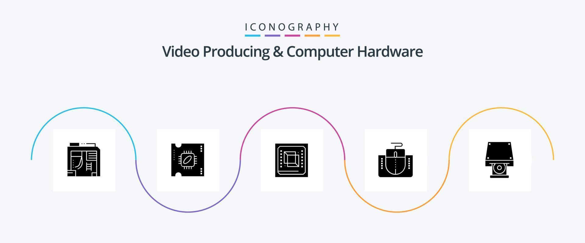 Video Producing And Computer Hardware Glyph 5 Icon Pack Including dvd. mouse interface. chip. interface. processor vector