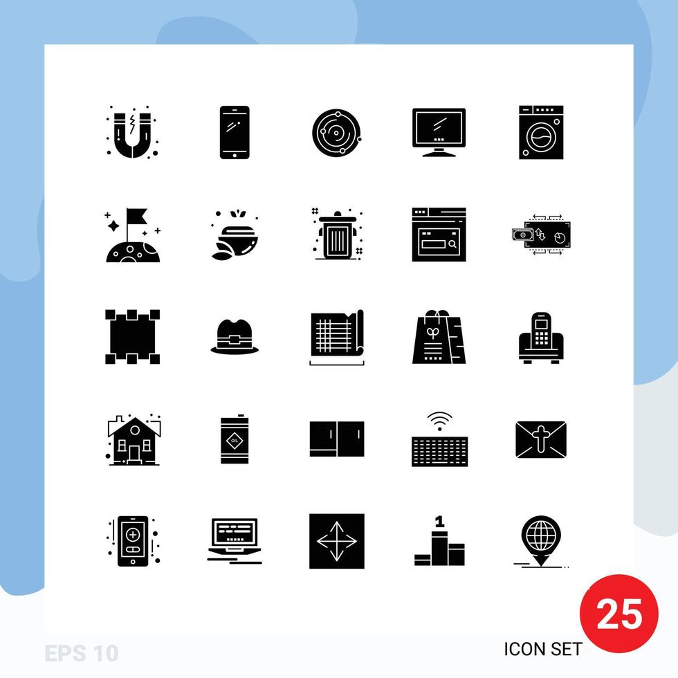 Mobile Interface Solid Glyph Set of 25 Pictograms of clean imac spase device computer Editable Vector Design Elements
