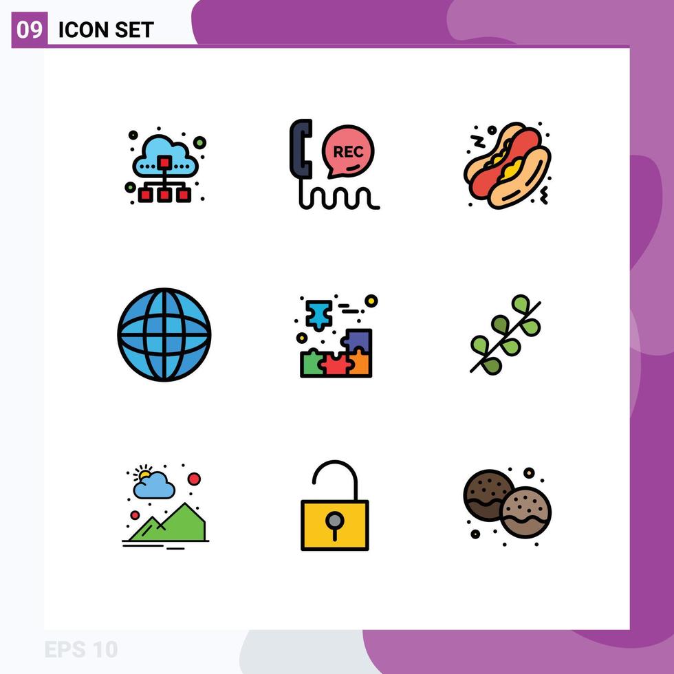 Mobile Interface Filledline Flat Color Set of 9 Pictograms of globe earth contact devices fast food Editable Vector Design Elements
