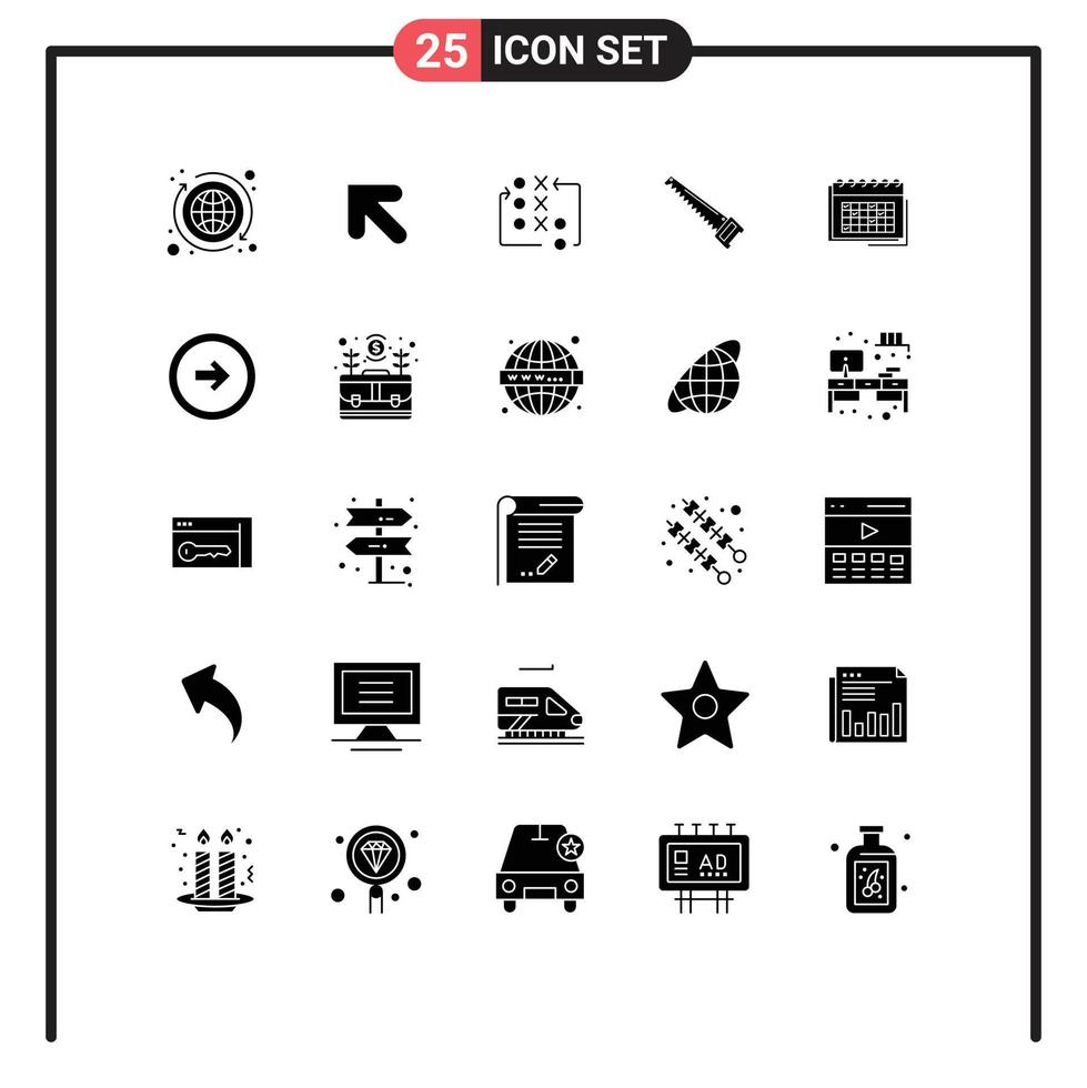 25 Universal Solid Glyphs Set for Web and Mobile Applications calendar construction move bade saw Editable Vector Design Elements