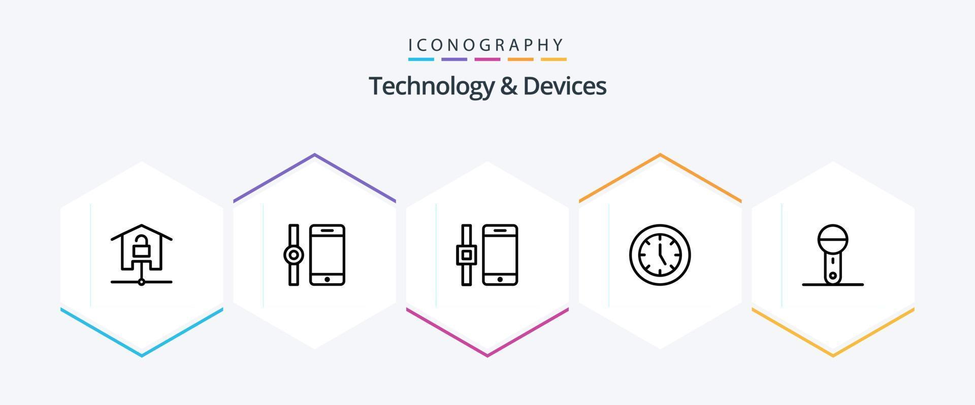 Devices 25 Line icon pack including technology. microphone. clock. electronics. technology vector