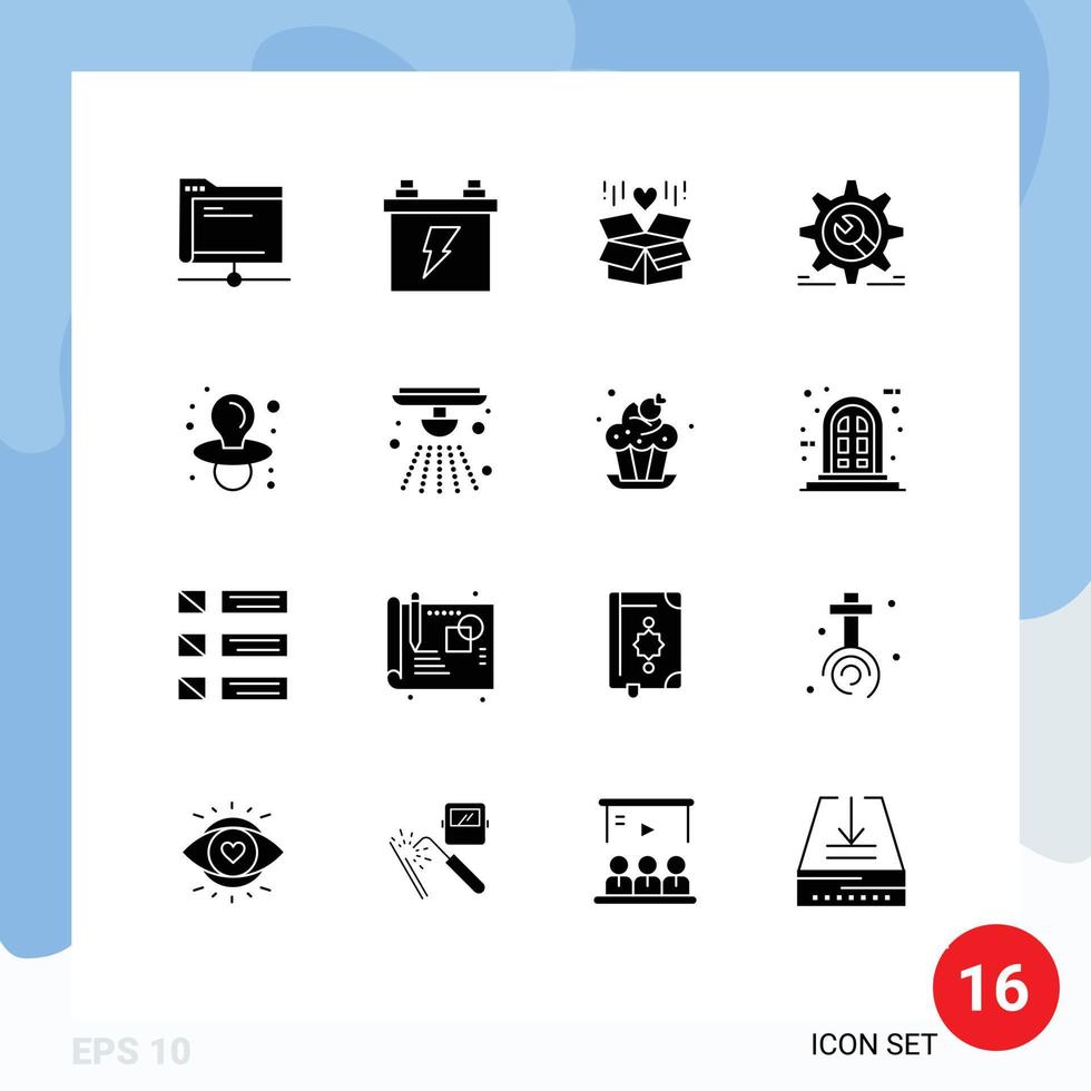 Mobile Interface Solid Glyph Set of 16 Pictograms of configuration wheel energy cog surprize Editable Vector Design Elements