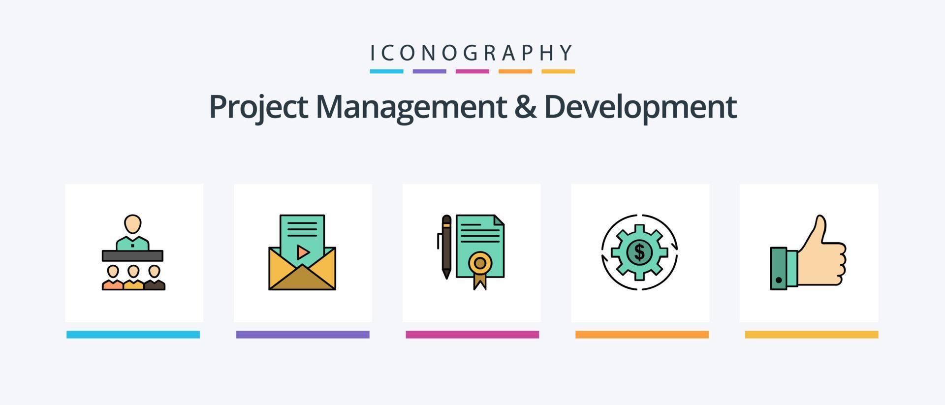 Project Management And Development Line Filled 5 Icon Pack Including capital. thinking. document. mechanic. idea. Creative Icons Design vector