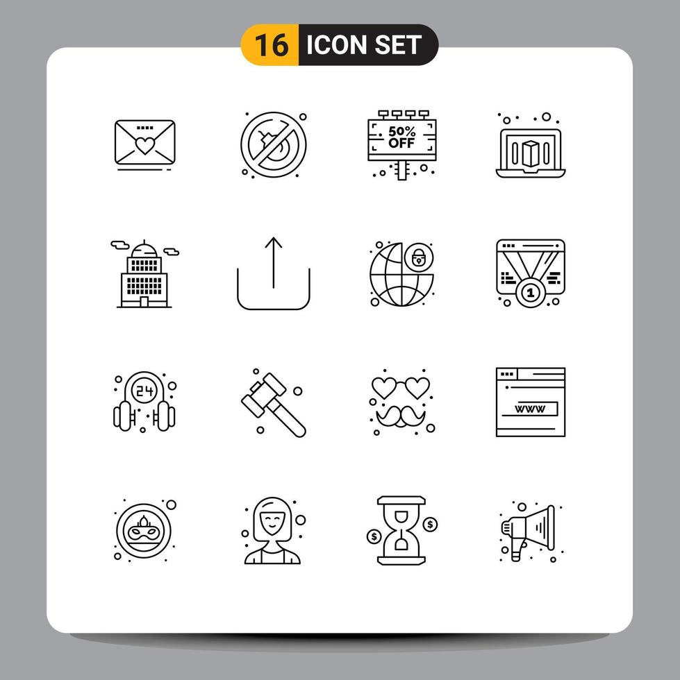 Group of 16 Modern Outlines Set for museum building board administration laptop Editable Vector Design Elements